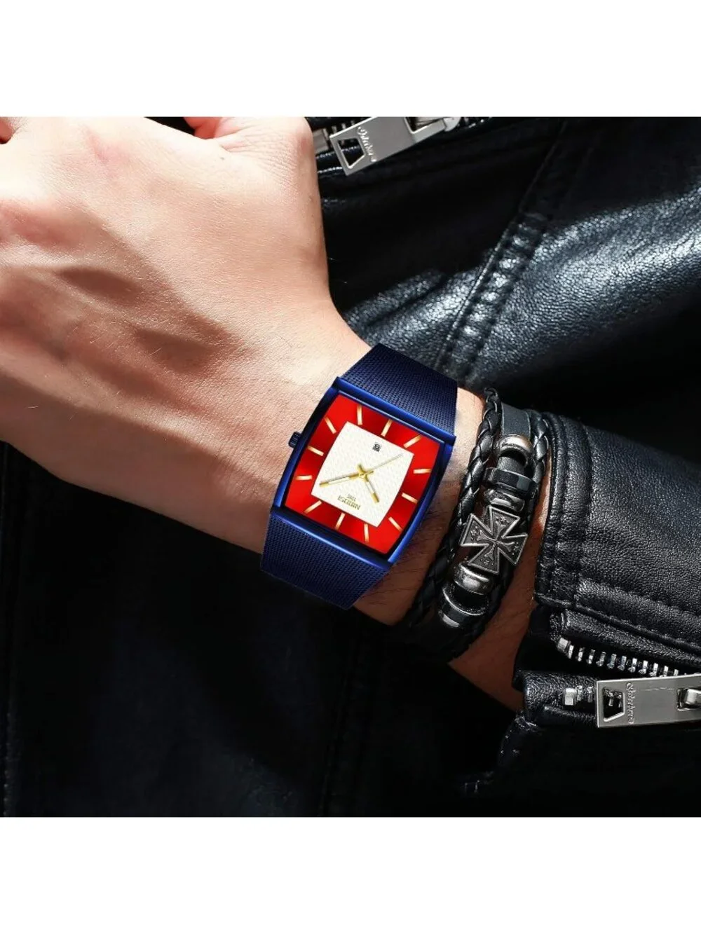 Nibosi Men's Blue Red Square Analog Quartz Stainless Mesh Strap Waterproof Watch